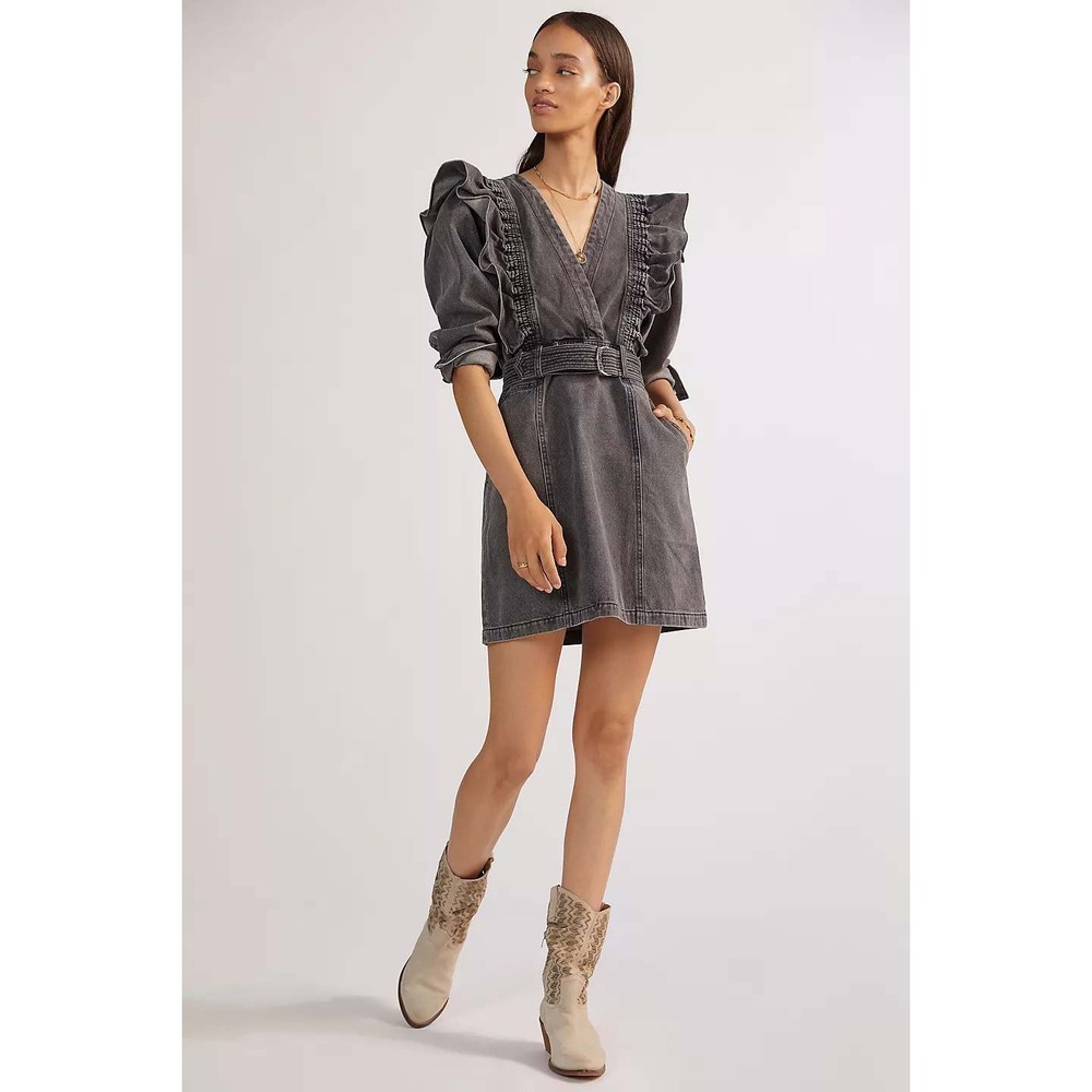 NWT Magali Pascal Alexia Denim Ruffle Mini Dress Carbon Off Black Size XL